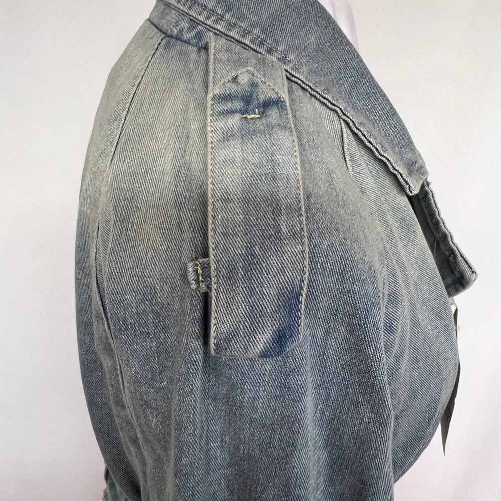 Indefeir Cropped Denim Moto Jacket Light Wash Belted Raw Hem Blue Womens Size S - Picture 4 of 10